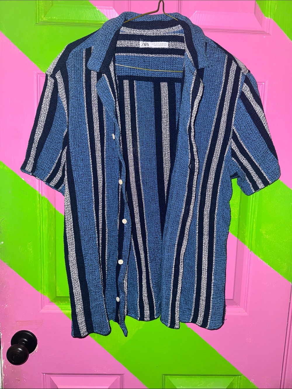 Zara Navy & Light Blue Vertical Stripe Short-Sleeve Button-Down Shirt